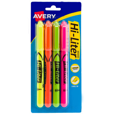 AVERY Hi-Liter Pen-Style Highlighters, Smear Safe Ink, Chisel Tip, 4 Assorted Color Highlighters (23545)
